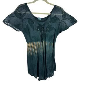 Advance Apparels Cotton Green Short Sleeve Sequin Bohemian Fairy Core Blouse OS